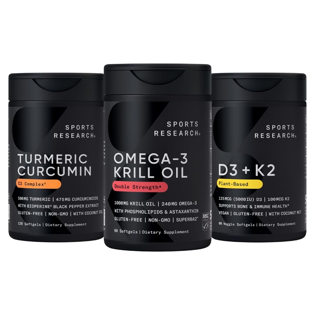 Cercetare sportivă Antarctica Krill ulei Omega 3 1000 mg (cu fosfolipide, colină și astaxantină), Curcumin turmeric C3 Complex (cu Bioperine Black Pepper & Coconut Oil) și vitamina pe bază de plante D3 + K2