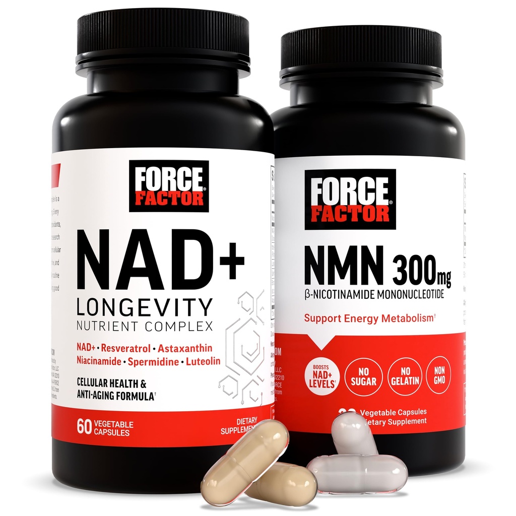 Force Factor NMN Supliment, NAD+ (NMN sau Nicotinamidă Ribozidă Alternativă) cu Resveratrol, Astaxantină, Complex Spermidină şi luteolin, NAD pentru a sprijini sănătatea celulară şi îmbătrânirea sănătoasă, 60 capsule