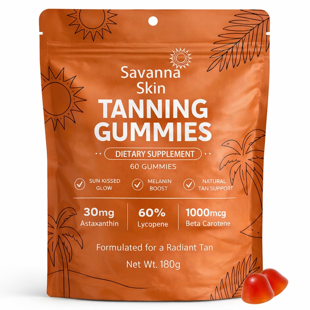 Savanna Skin Tanning Gummies, cu vitamina C & E, Astaxantin, Beta Caroten, Skin Radiance & Hydration for Natural Looking Glow, Bronzing, Non-GMO, Vegan & Sugar Free - 60 Count (1)