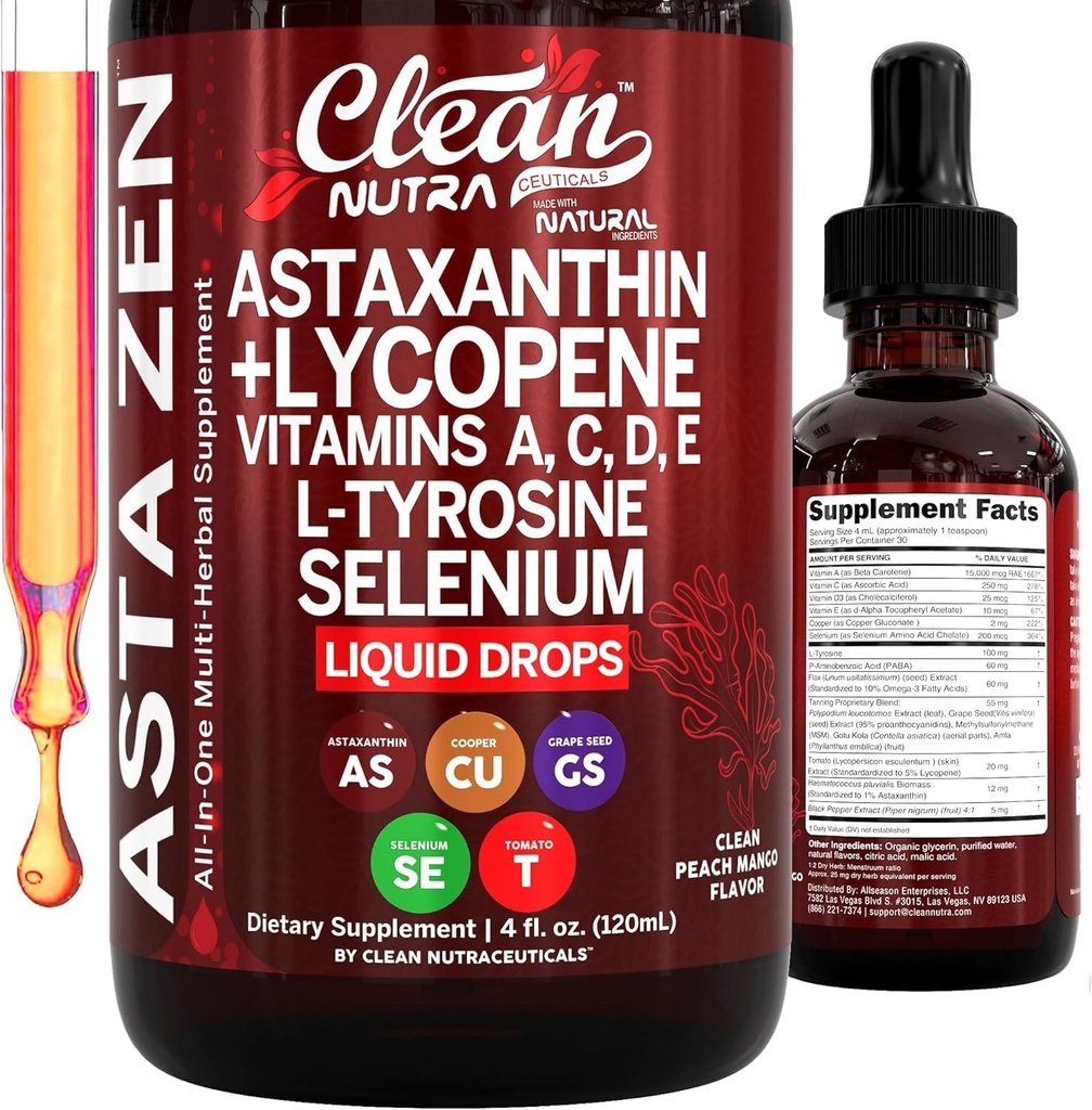 Clean Nutra Astaxanthin Licopen lichid picături de absorbție Suport Vitamine A C D E 4 fl oz 