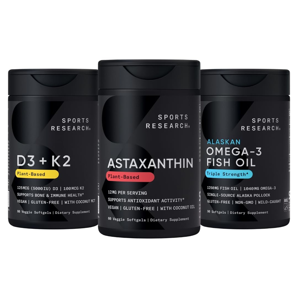 Sports Research® Antioxidant Support Pack w / Triple Putere Vegan Astaxanthin Supliment de Algae, Omega-3 Ulei de pește 1250mg, și vitamina D3 5000iu & Mk7 Vitamina K2 cu nucă de cocos MCT Ulei