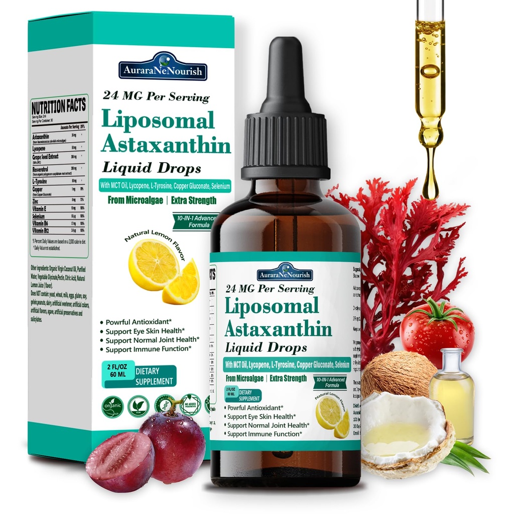 Liposomal Astaxanthin 24 mg picături lichide, 11-in-1 Antioxidant cu ulei de MCT, Licopen și ulei organic de cocos, Proaspete Microalgae Sursa, Sprijină ochi Skin Joint Health pentru femei & Bărbați, Aroma de lamaie