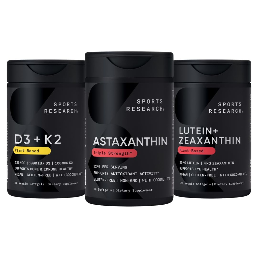 Sports Research® Antioxidant Pachet de suport w/Ataxanthin 12mg, Vitamina D3 5000iu + K2 100mcg, și Lutein 20mg + Zeaxantină 4mg Suplimente - Vegan Certified · Non-GMO · Gluten & Soy Free