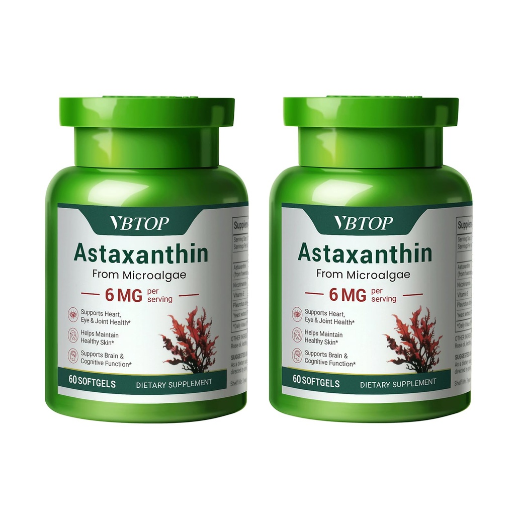 2 Sticle Astexanthin 6 mg, Premium Astaxanthin Supliment cu activitate antioxidantă, sprijină ochi, piele, comun, și Sistemul imunitar Sănătate. Microalge proaspete Sursa, non-GMO, gluten-free - 120 softgels