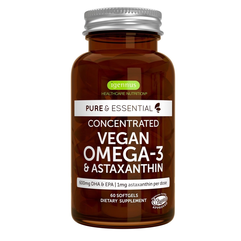 Igennus Vegan Omega-3 Natural Algae Ulei, DHA & EPA, Certified Pure, Plant based Acid gras, cu Antioxidant Astexanthin, 60 Small Softgels, 2 pe zi, 30 Servings