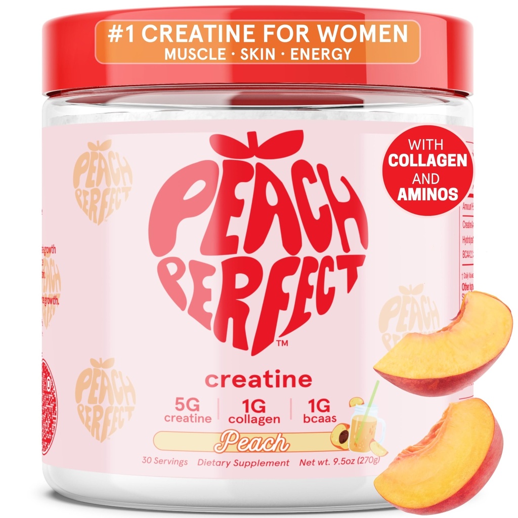 Peach Creatina Perfecta Pulbere monohidrata, Creator de glute pentru femei cu colagen, BCAAs, 5g Vegan Micronited Creatina per Serving, pentru energie, Suport muscular, 30 SVG, Peach Flavor