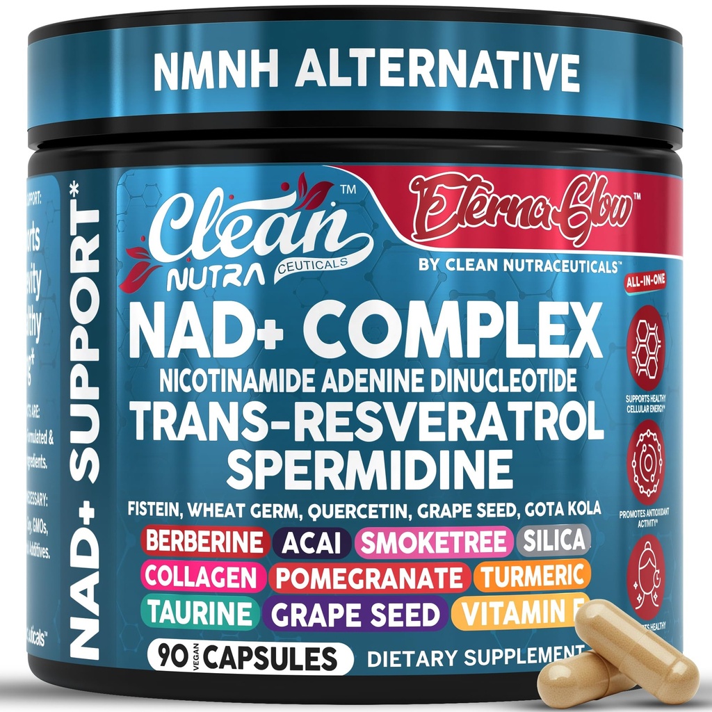 NAD Resveratrol Supliment Spermidină Fisetin Querbetin Seminte de struguri Gotu Kola Berberine Astaxantină Taurină rodie Acai Anti Aging Longevity Capsule pentru femei EternaGlow de Nutra 90ct
