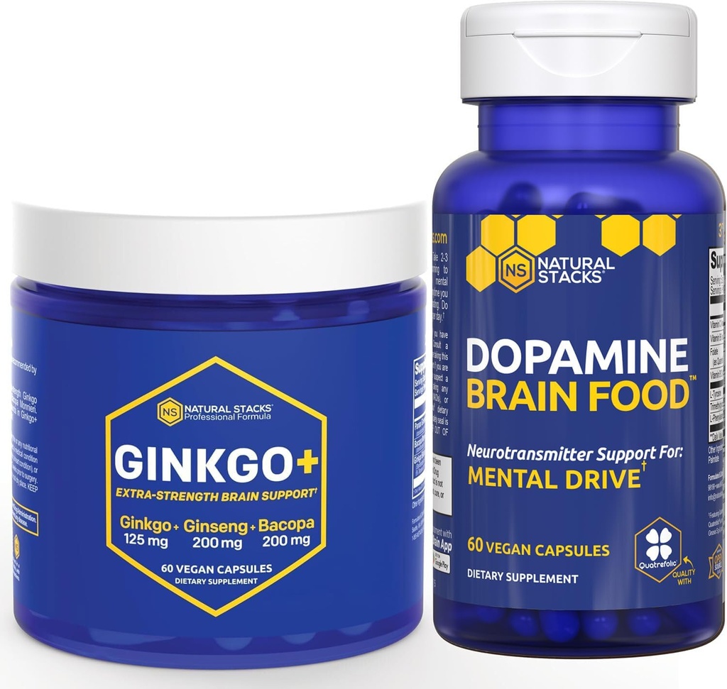 Natural STACKS Ginkgo Biloba + Dopamina Brain Food Bundle - Suporturi Focus & Mental Drive * - 120 Capsule totale