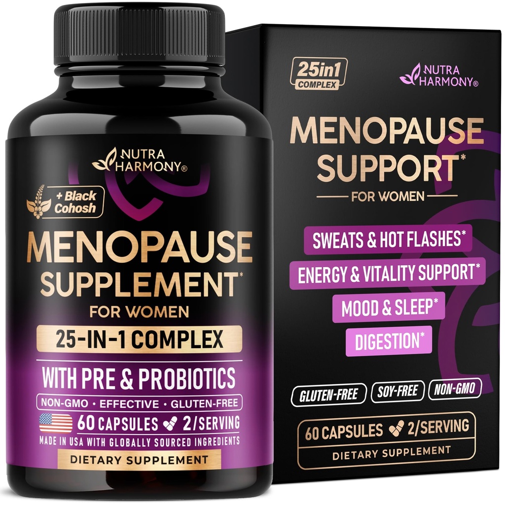 Menopauza Suplimente pentru femei - Dong Quai, Black Cohosh, Pre & Probiotice - Transpiratii si Flashuri fierbinti Relief - Digestie, Sleep & Mood Support - 25-in-1 Perimenopauza Complex - Made in USA - 60 Capsule