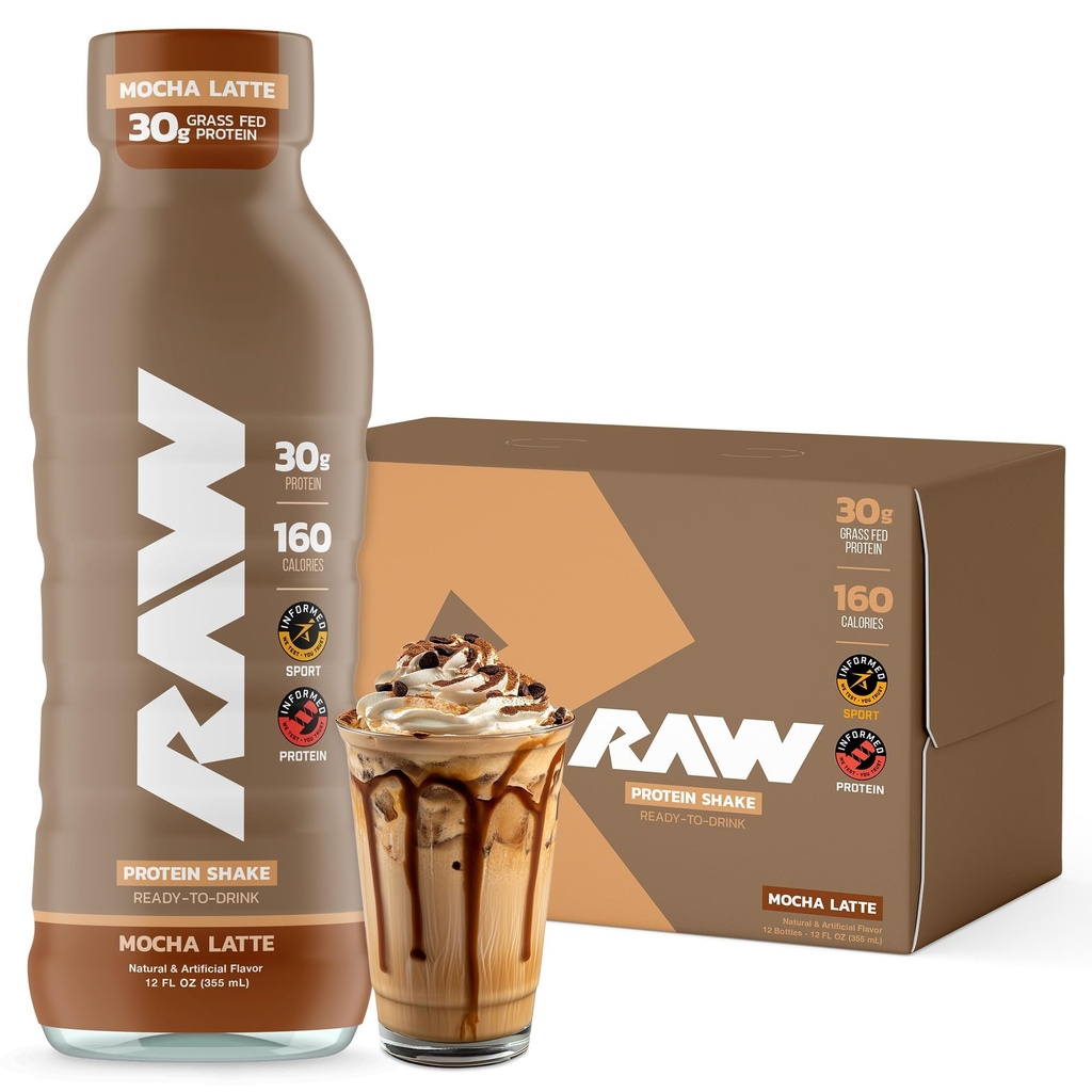 RAW gata de băut Proteine Shake, Mocha Latte - RDT Proteine băuturi cu iarbă-Fed Whey proteine izolat pentru post-workout - Zero-Sugar & Gluten-Free masă de schimb băutură și mic dejun Shake, 12 Fl Oz