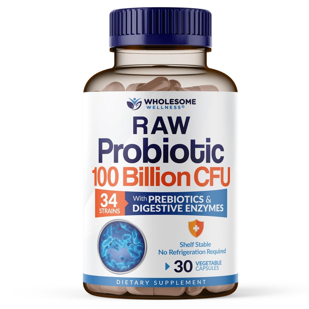 wellness sănătos Probiotice organice brute 100 Miliarde CFU, Dr Formulat pentru femei și bărbați, Supliment complet pentru adulți cu prebiotice și enzime digestive; 30 Capsule, Perioada de valabilitate