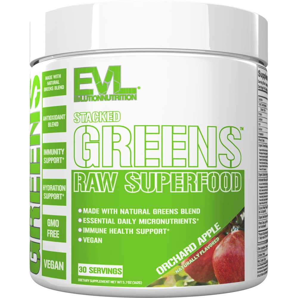 Evlution Nutrition Sticked Greens - Raw Superfood - Made with Natural Greens Blend + Essential Daily Micronutrients - Imunitate + Suport de hidratare - Vegan & OMG-free - 30 Servings - Orchard Apple