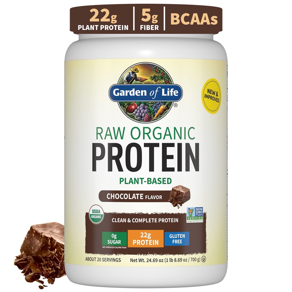 Garden of Life Proteine Powder, Vegan Proteine Powder, BCAA, Probiotice și enzime digestive, Gluten & Lactoză gratuit, Ciocolată, 1,5 LB