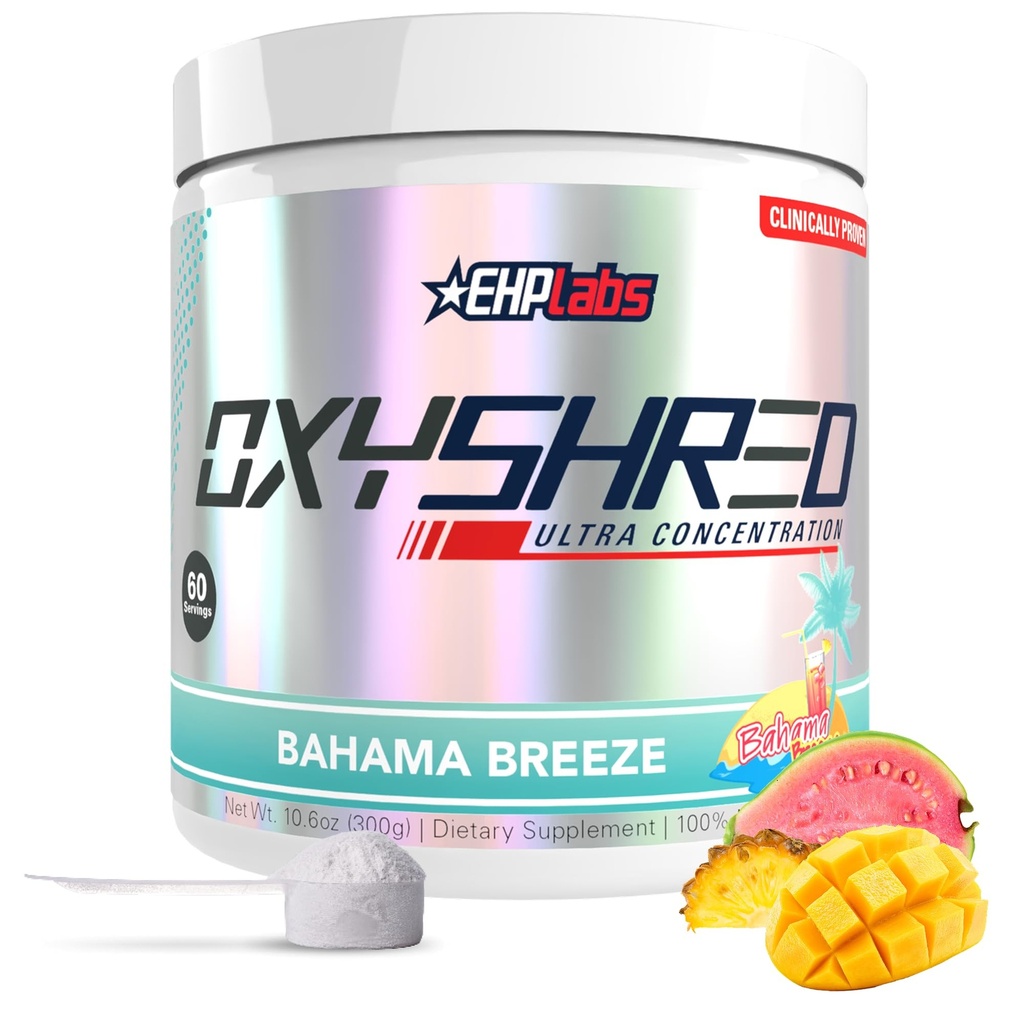 EHP Labs OxyShred Pre Workout pulbere - Preworkout pulbere cu L Glutamina si Acetil L Carnitina, Energy Boost Drink - Bahama Breeze/Beach, 60 Serviri