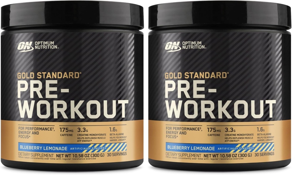 Optimum Nutrition Gold Standard Pre-Workout, Vitamina D pentru Suport Imun, cu Creatina, Beta-Alanină, și Cafeina pentru Energie, Keto Friendly, Lemonade afine, 30 Serviri, (Pachet de 2)