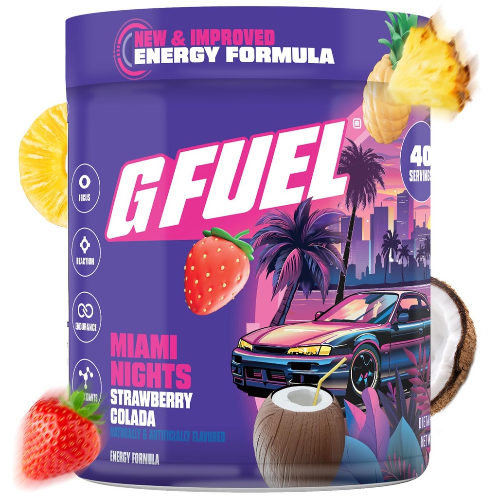 G Fuel Miami Nights 2.0 Energetic Drink Powder, Pre Workout Caffeine Mix for Gaming, Sugar Free Focus Amino, Vitamina + Antioxidanti, 8.7oz (Strawberry Pina Colada, 40 Servings)