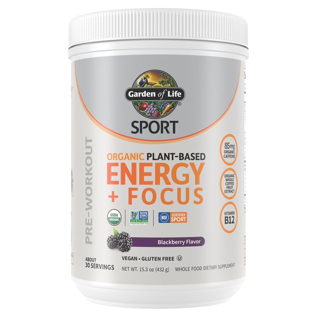 Gradina de viata Sport Organic Plant based Energy + Focus Clean Pre Workout Pulbere, cu 85mg Cafeina, Natural No Booster, B12, Vegan, Gluten Free, Non-GMO, BlackBerry, 15.3 Oz
