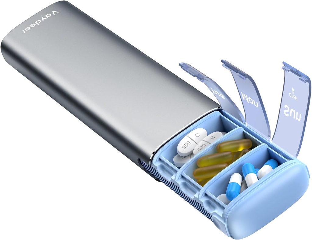 Vaydeer Metal Travel Pill Organizator, 7 Day Weekly Pilula cutie, capacitate mare de zi cu zi drăguț Pilula caz pentru suplimente, pastile, vitamine și medicamente (Small, Gunmetal)