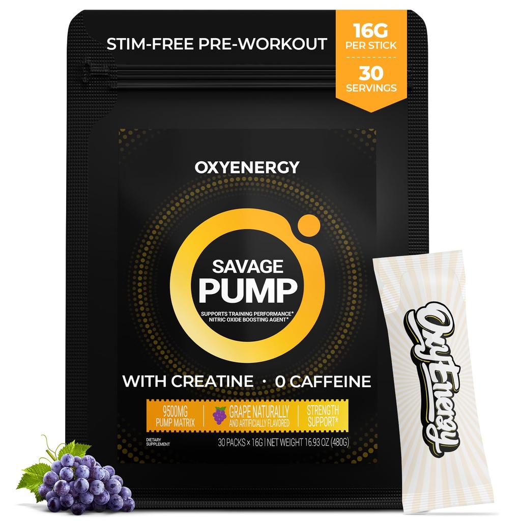 OxyEnergy Nitric oxid Booster, Max Pump Non Stim Pre Antrenament pulbere pentru bărbați, cu Beta Alanine, L Citruline, Creatina pentru Circulație, Pompe musculare, Rezistență, Struguri, On-The-Go Packet- 30 Servings
