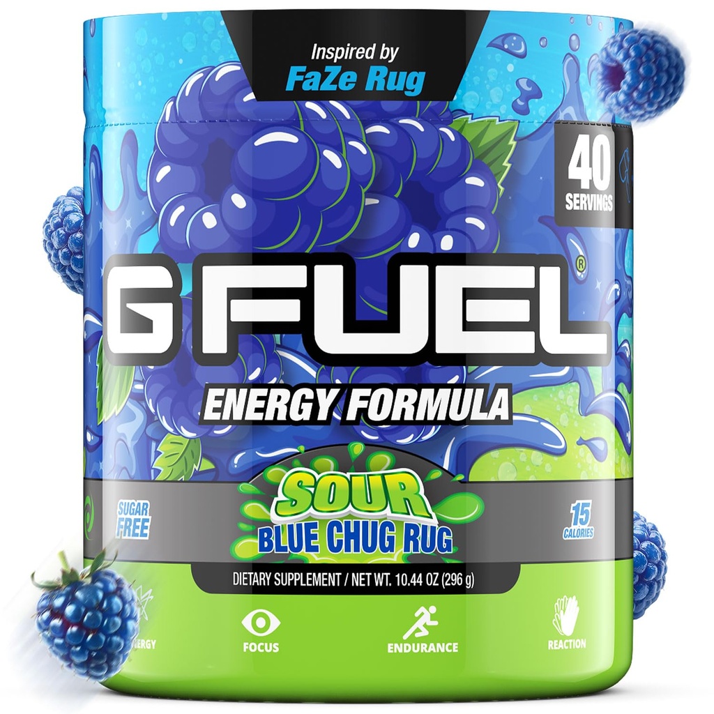 G Pudră de zahăr Chug Energetic Drink Powder, Pre Workout Cafeină Mix pentru Gaming, Zahăr Free Focus Amino, Vitamină + Antioxidanți, 10.44oz (Sour Blue Raspberry, 40 Servings)