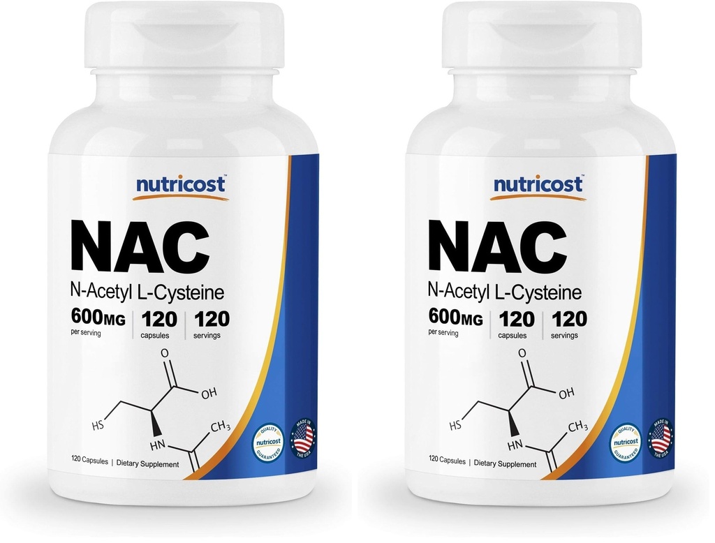 Nutricost N-Acetyl L-Cysteine (NAC) 600mg, 120 Capsule vegetariene - Negomo, Gluten Free, Capace vegetariene (Pachet din 2)