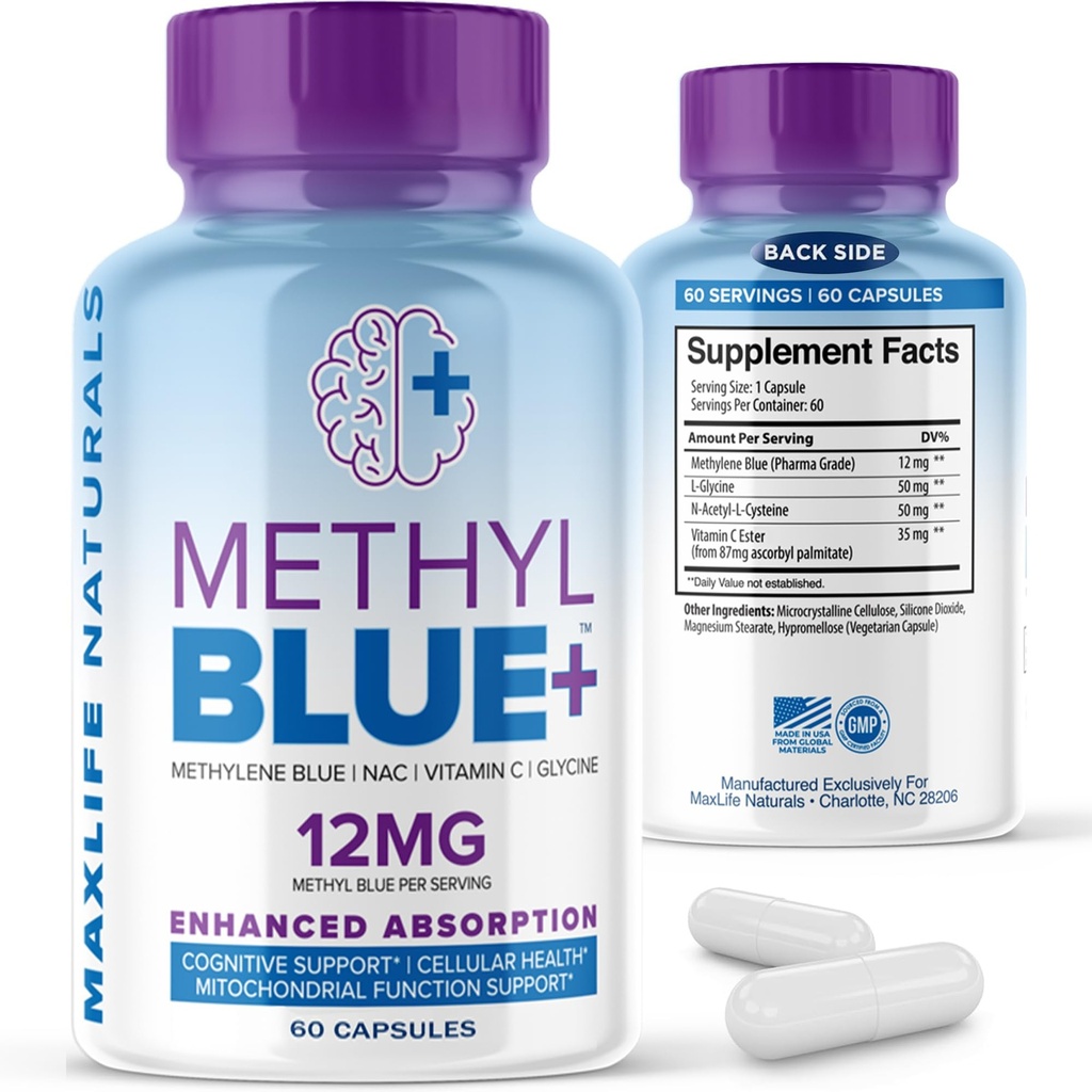 MAXLIFE NATURALS Capsule pure Metilen albastru, Ultimate Metilen Blue Pharmaceutical Grad 12mg - 60 Capsule cu vitamina C Ester & NAC Glicină, susţine funcţia celulară şi cognitivă, fabricate în Statele Unite ale Americii
