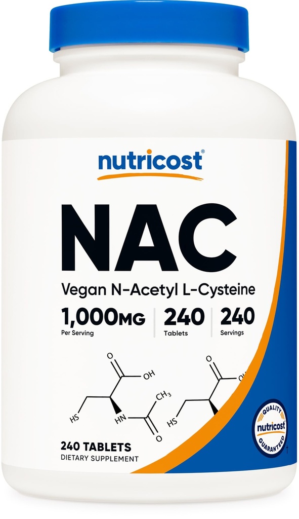 Nutricost N-Acetyl L-Cysteine (NAC) 1000 mg, 240 comprimate Vegane - fără OMG, gluten gratuit, supliment vegetarian