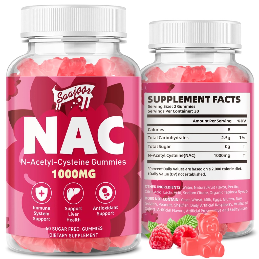 NAC Gummies Sugar-Free, N-Acetyl Cysteine NAC Supliment 1000mg pentru antioxidanti, Suport Immun, Non-GMO, Gluten-Free, Vegane Aroma de zmeura, 60 Gume