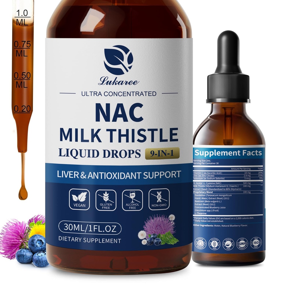 Lukaree Liposomal NAC Supliment N-Acetyl-L-Cysteine 600mg cu Milk Thistle - NAC Amino Acid Drops w/Seleniu pentru suport hepatic și renal*, Lung, Antioxidanți și suport imunitar*- Vegan, Non-GMO- 2oz