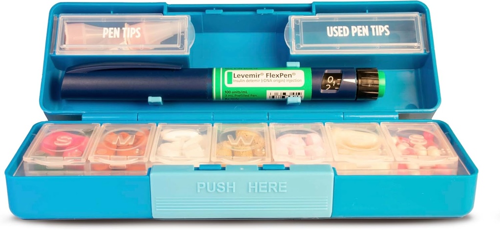GMS Group Medical Supply, LLC Diabetic Pen Case & 7 Day Medicine Organizator - Kit de călătorie pentru consumabile diabetice - at a Glance Medicine Reminder - Holds New & Used Needles Safely - Small & Discreet