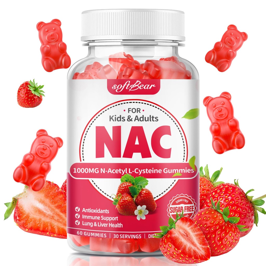 softbear NAC Gummies pentru copii & Adulți, NAC Supliment 1000mg N Acetil Cysteine susține Lung & Ficat Sănătate, Antioxidanți & Sistem imunitar, Aroma de căpșuni 60 Conte