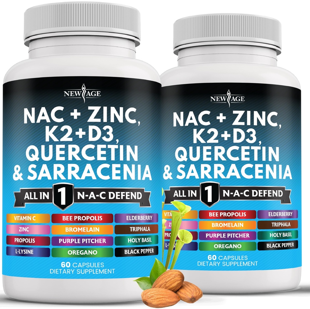 NEW AGE NAC Supliment N-Acetyl Cysteine- cu vitamina D3, K2, Zinc, Querbetin, Triphala, Sarracenia Purpurea, Elderberry, Holy Basil, Bee Propolis, Bromelain, L-Lysine - 120 Conte