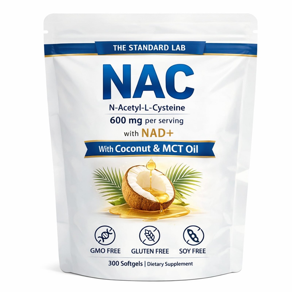 Standard Lab NAC 600mg cu NAD+ Complex zilnic, capsule suplimentare N-Acetyl Cysteine, Formula suport antioxidant, Vegan, non-GMO, Gluten gratuit, 300 Softgels