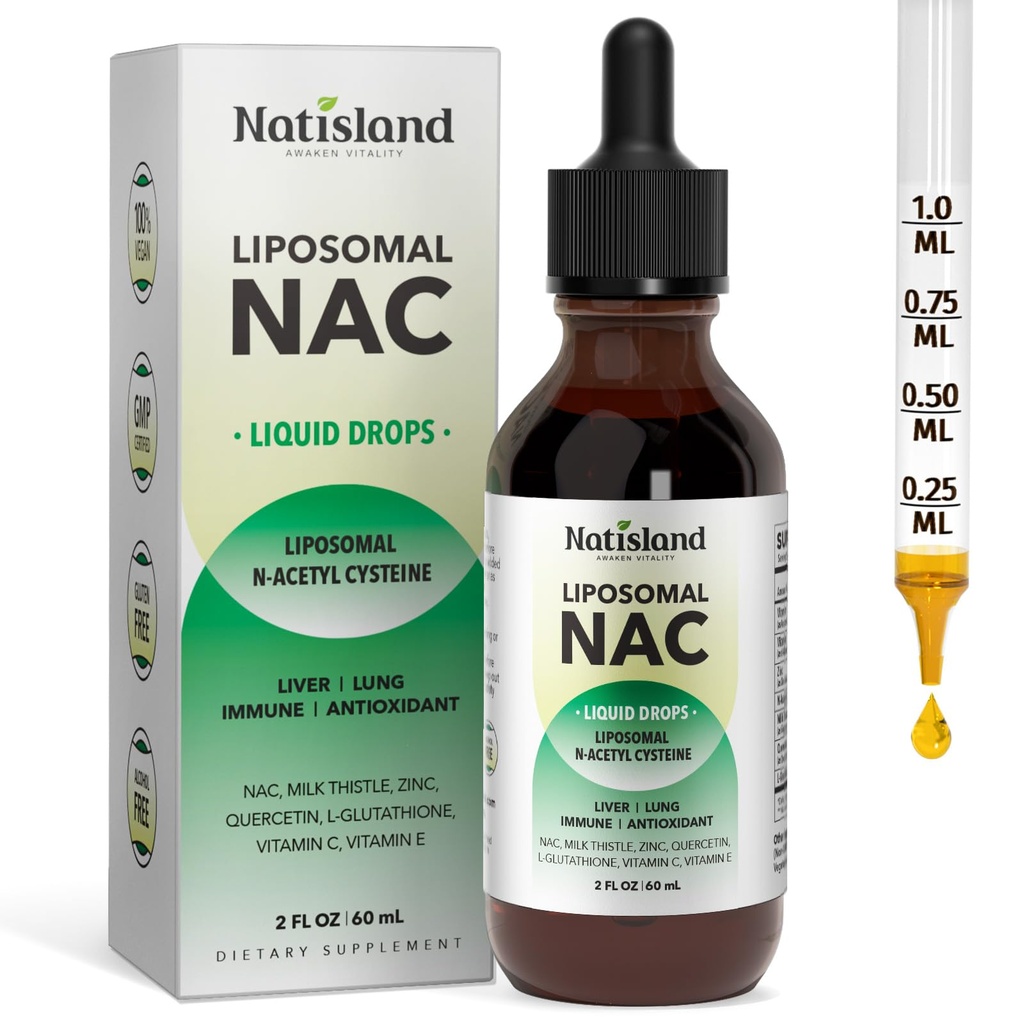 Liposomal lichid NAC picături, NAC Supliment N-Acetil Cysteine, NAC 600 mg cu Milk Thistle & Querbetin pentru adulți și copii, ficat și plămâni, suport imun și antioxidant, Skin & Cellular Health, 2 Fl Oz