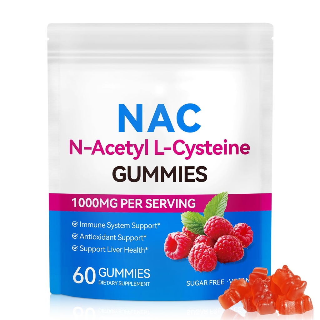 Daiasns NAC Gummies pentru adulți și copii 1000mg - Chemable NAC Supliment N-Acetil Cysteine susține Lung & ficat dezintoxicare, Antioxidant & Immune Defense, Strawberry Flavor 60 Count