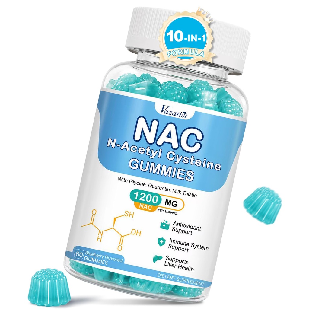 NAC Gummies, NAC Supliment cu Thistle Lapte, Seleniu, B6, B12 - Antioxidant, Suport Imun - N Acetil Cysteine 600 mg per Gummy - Aroma de afine, 60 Cts