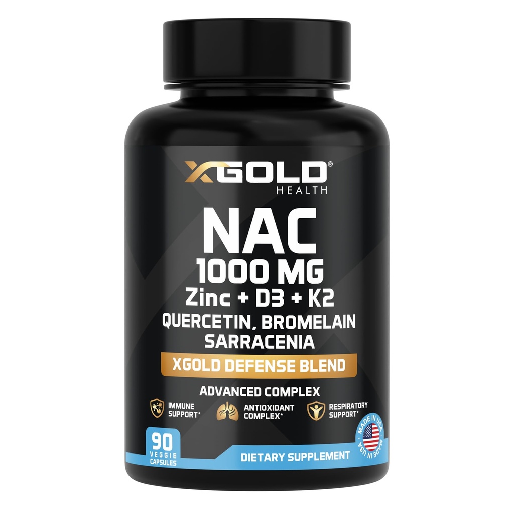 XGold Health NAC 1000 mg cu Quercetin 95%, Bromelain, Zinc, Vitamina C, D3 & K2 Suport imun şi Supliment antioxidant Amestec avansat de apărare 90 Capsule vegetale