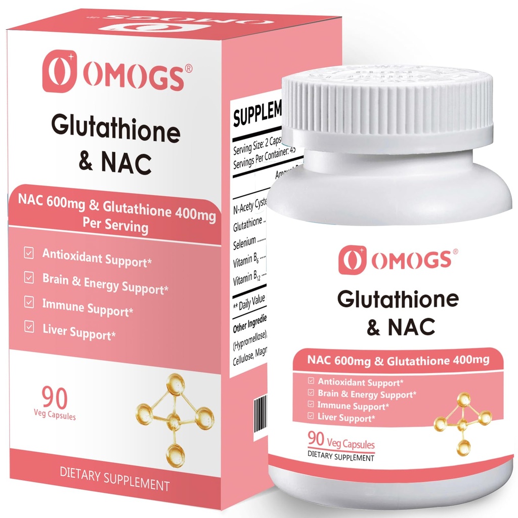 OMOGS Glutatione & NAC Supliment, cu vtamina B & Seleniu, susţine sănătatea ficatului, Cellular, Antioxidant, Producţia de energie & Imune, Vegan & Gluten-Free, 90 Veg Capsule.