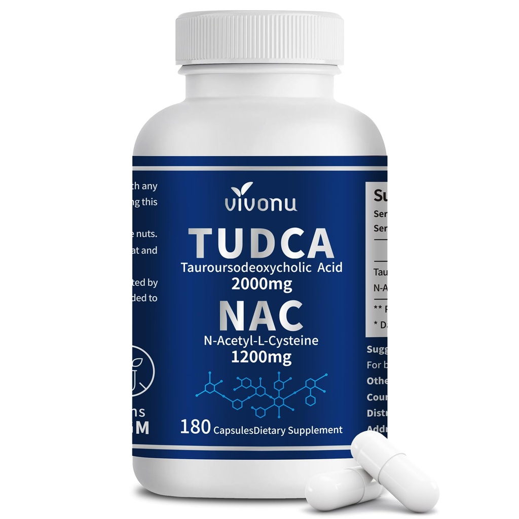 VivoNu TUDCA 2000mg + NAC 1200mg Supliment capsule complexe, Puternic TUDCA Bile Sare + N Acetil Cysteine, Suplimente antioxidante pentru ficat & Lung & Gallbladder Cleanse, Digestion - 180 Capsule