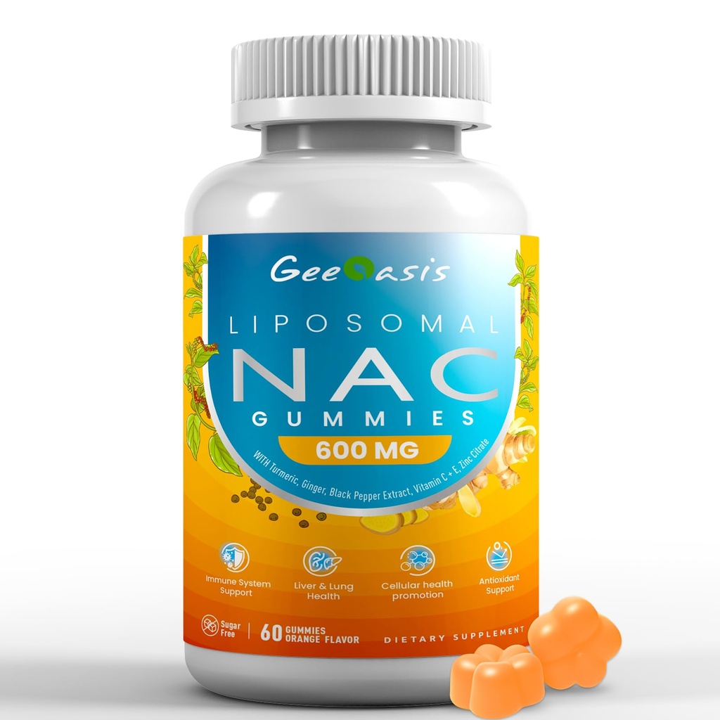 Liposomal NAC Gummies 600mg, N-Acetyl Cysteine Supliment pentru copii & Adulți, cu Turmeric, Ghimbir, Pepper negru, Imun, Liver & Lung Support, Antioxidant, Aromat de Ananas fără zahăr, 60 Counts