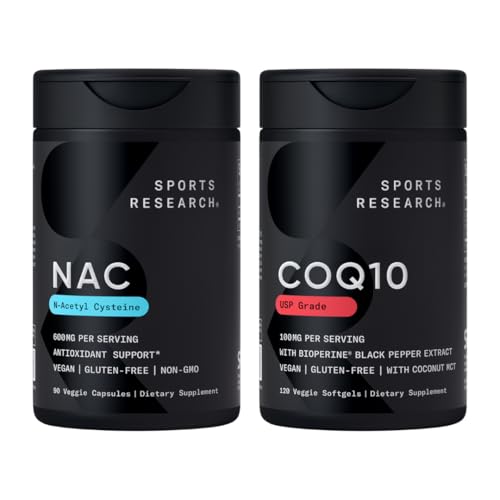 Sports Research® Antioxidant Support Pack - N-Acetyl L-Cysteine (NAC) 600mg, CoQ10 100mg Crescut w/Coconut Oil & Bioperine - Vegan · Non-GMO · Gluten Free
