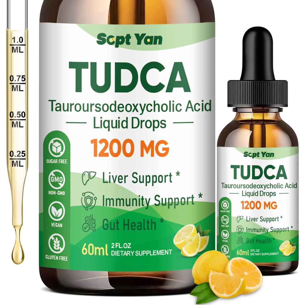 Suplimentul TUDCA 1200mg Picături lichide, Suplimentul hepatic cu TUDCA, NAC, Seminte de muls de lapte și Dandelion, pentru suport hepatic, și Gallbladder Curățați & repararea, Zahăr-Free, Vegan, Aroma de lămâie, 2 Fl Oz