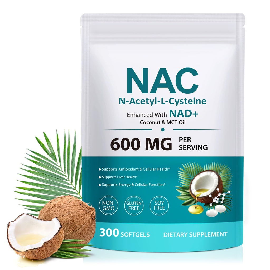 Supliment NAC Softgels, 300 Softgels N-AcetyI-L-Cysteine Supliment cu nucă de cocos & MCT Ulei, Antioxidant & Cellular de sănătate de sprijin, Funcţia normală a ficatului non-GMO, Gluten gratuit