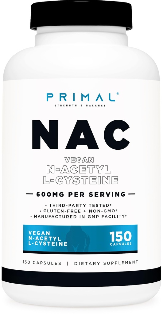 Primal N-Acetyl L-Cysteine (NAC) 600 mg, 150 capsule - Vegan N-Acetyl L-Cysteine Supliment, GMG-Free, Gluten-Free