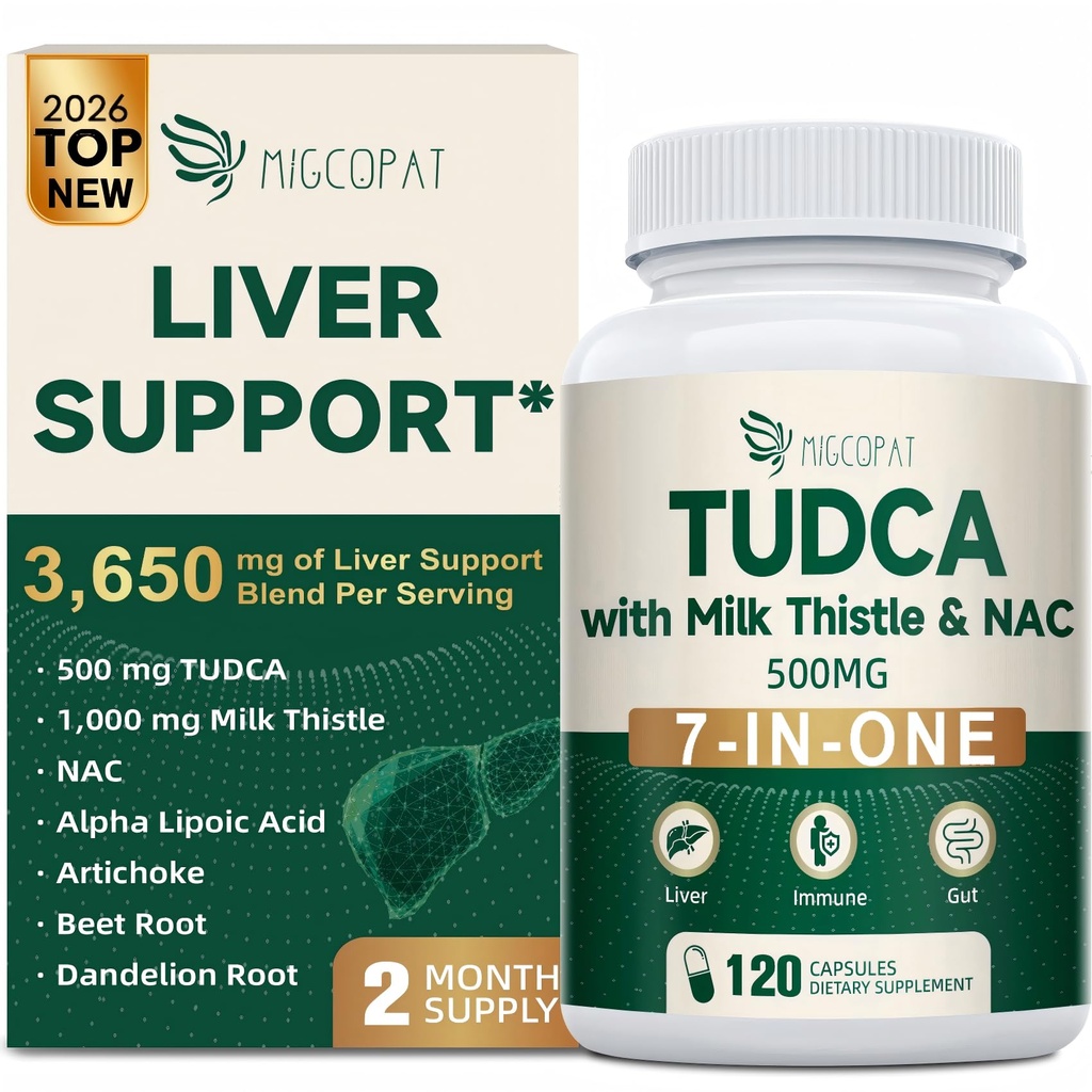Migcopat 7-in-One TUDCA Supliment, 3650 mg cu Milk Thistle, NAC, Alpha Lipoic Acid, Dandelion Root, Bile Salts TUDCA pentru ficat Cleanse Detoxifiere & Reparație, Bile Flow și suport digestiv - 120 capsule