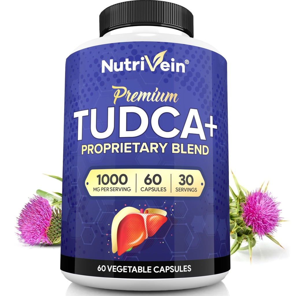 Nutrivein Premium TUDCA+ Suplimentul de suport hepatic 1000mg - 30 zile de aprovizionare (60 Capace): Suplimentul TUDCA Sare Bile pentru Wellness Ficat