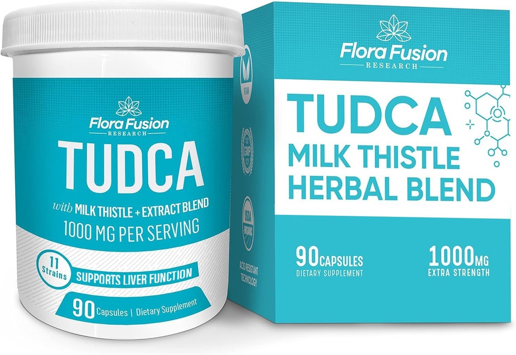 Flora Fusion Dr. Miller's TUDCA with Milk Thistle Extract, 1000 mg per Serving, Ficat și Gallbladder Cleanse Supliment, Suportă funcția hepatică, 90 capsule (45-Day Supply)
