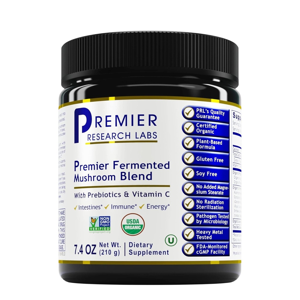 Premier Research Labs Premier Fermented Mushroom Blend - Reishi Mushroom Powder, Mushroom Extract pentru băuturi, cafea, Complex de ciuperci cu coada de curcan, Cordyceps pentru Immune & Gut Health - 7.4 oz