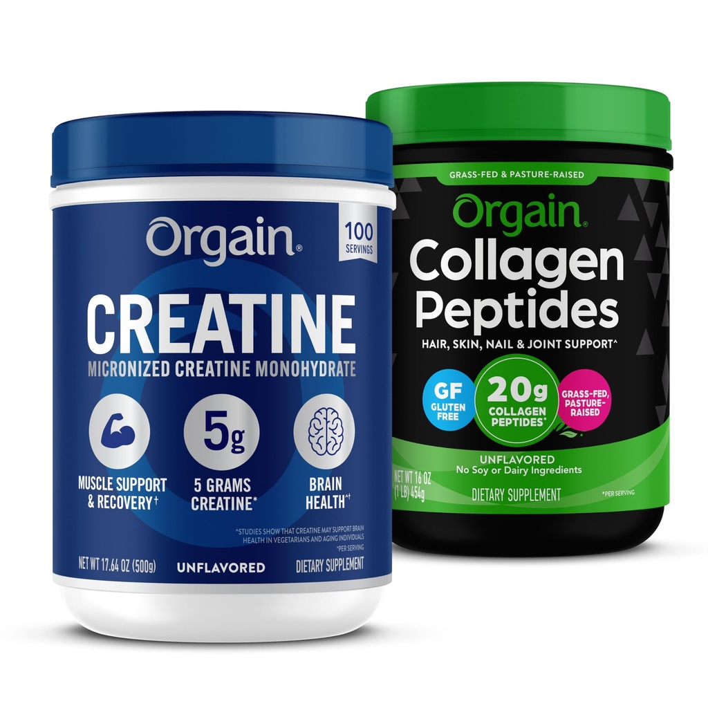 Orgain Creatin monohidrat pulbere 17.64 Oz (100 serviri) & Colagen Peptides pulbere 1lb (20g Grass Fed) Bundle - nearomate, non-GMO Suplimente pentru mușchi, creier, piele și sprijin comun