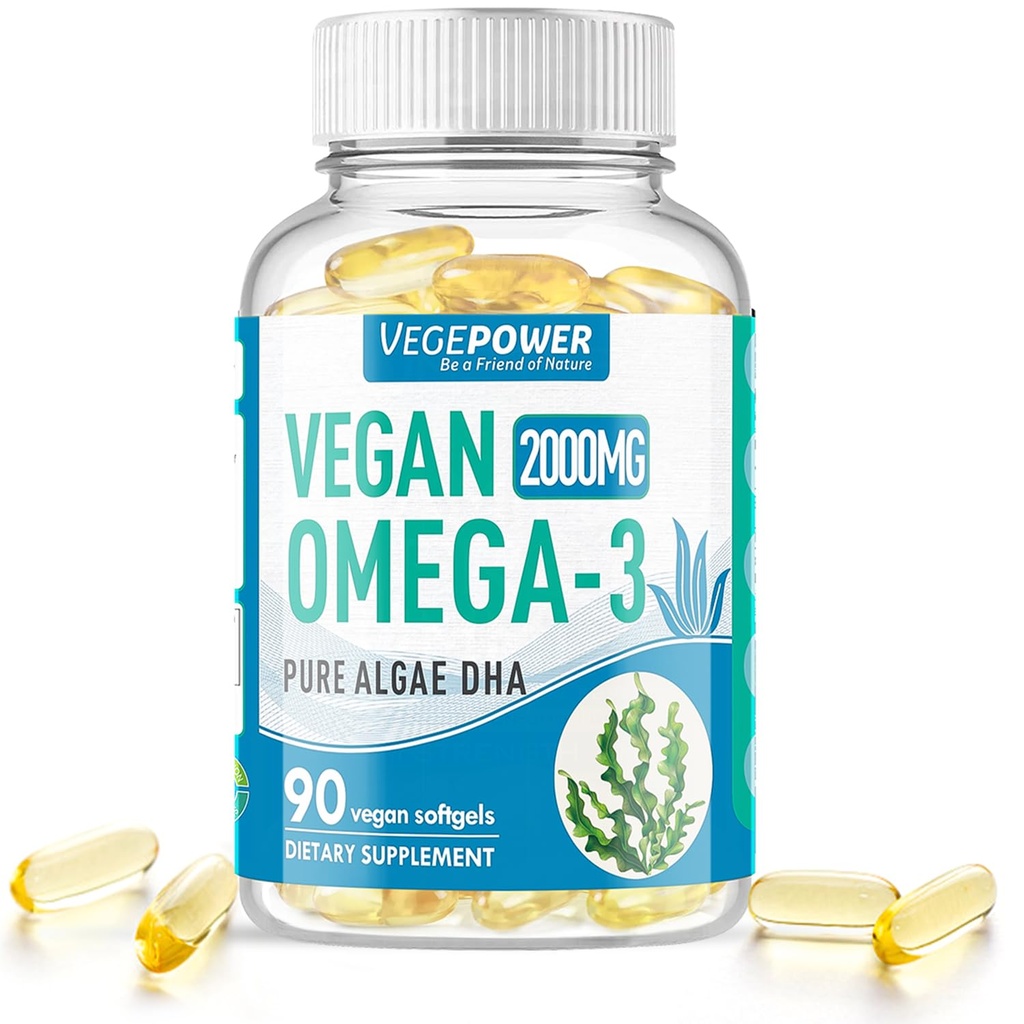 Vegan Omega-3 Algae DHA Suplimente - 2000mg Ulei de alge, plante-Based Algal Prenatal DHA, 90 Caragenan Softgels Free - Suporturi alternative de ulei de pește de pește durabile Creier, inimă, ochi, sănătate comună